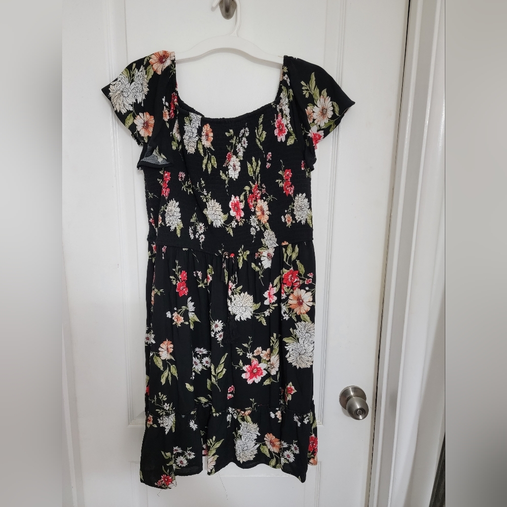 Xhilaration Party dress XL Black Floral shirred ribbed On Off shoulder stretchy